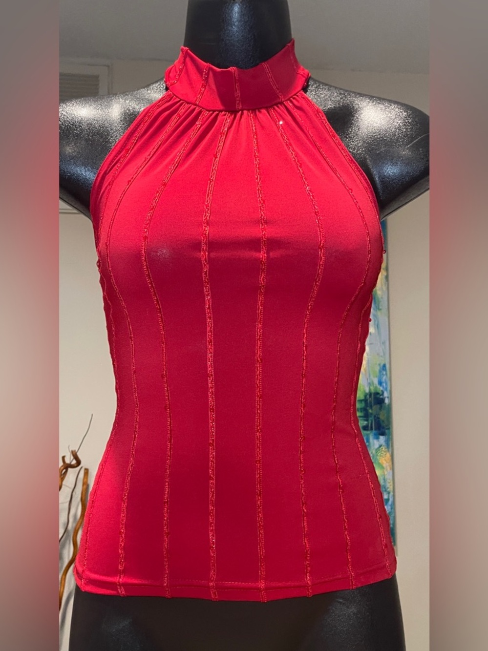 Women’s Red Halter Neck Ribbed Tank Top, Size Small